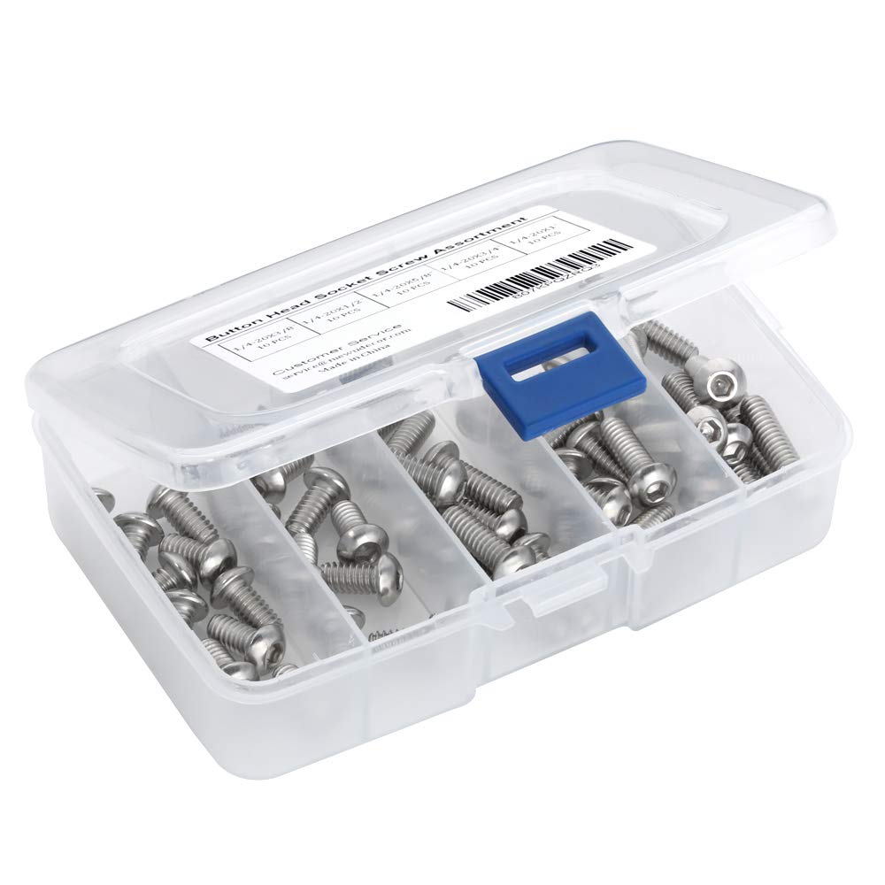 Photo 1 of 1/4-20 x 1/2", 3/4", 1", 1-1/4", 1-1/2" Button Head Socket Cap Screws Screw Assortment, Stainless Steel 18-8, Allen Hex Drive, 50 PCS