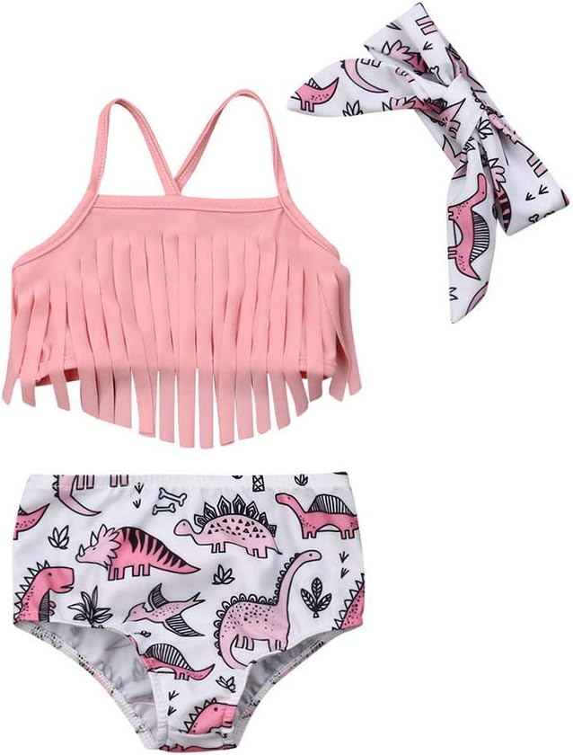 Toddler Kids Baby Girl Swimwear Cute Dinosaur Print Tassel Top Bikini Set Summer Swimsuit Beachwear with Headband