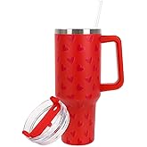 JarThenaAMCS Valentine's Day Tumbler with Lid and Straw 40oz Red 5D Heart Printed Tumbler with Handle Love Heart Stainless Steel Cup for Home Office Travel