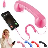 Retro Handset for Mobile Phones &ndash; Classic Wired Phone Handset with Type-C Connector, Vintage Landline for iPhone, Android, Smartphone, Call Receiver, Comfortable Grip, Stylish Phone Accessory (Pink)