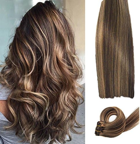 ChicFusion Human Hair Extensions 14 Inch Clip in 7A Grade Silky Straight long Hair Pieces, 8 Pcs Per Set, #4/27