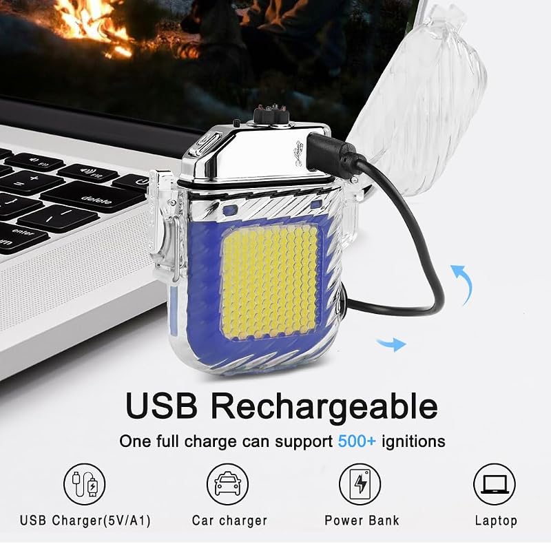 Encendedor luminoso de 3 modos de linterna, resistente al viento, resistente al agua, mecheros eléctricos, recargable, de plasma de doble arco, con silbato de emergencia de supervivencia y