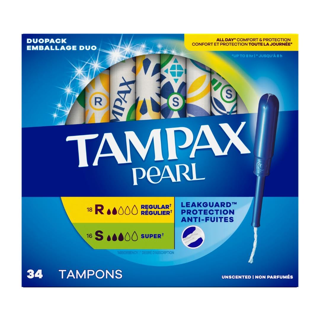 Tampax Pearl Tampons for Women Multipack, with LeakGuard Braid, Regular/Super Absorbency, Unscented, 34 Count
