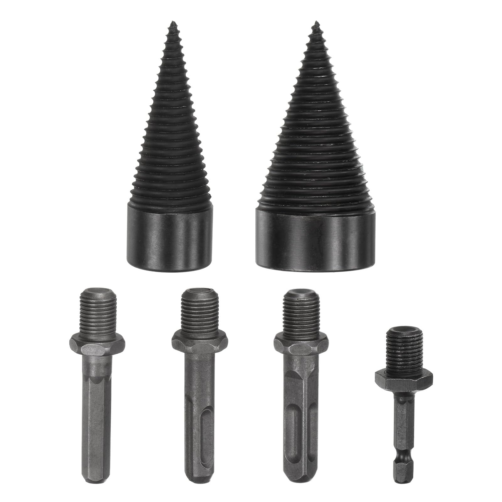 M METERXITY 2-Pack Wood Splitter Drill Bit 32mm + 45mm + 4 Handles (Square + Round + Hex Shank + Small Hex) Firewood Log Splitter Drill Bit for Family/Outdoor/Stove/Farm [Black+Grey]