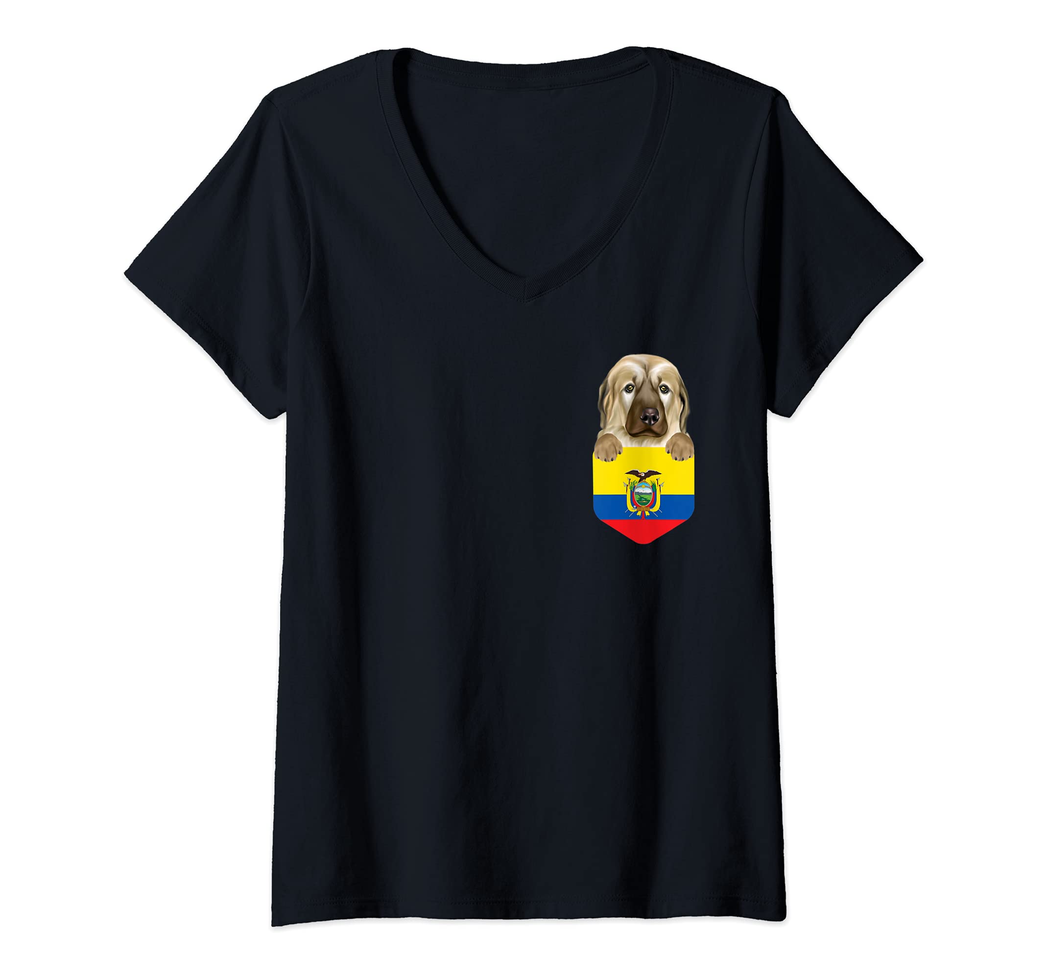 Womens Ecuador Flag Anatolian Shepherd Dog Dog In Pocket V-Neck T-Shirt