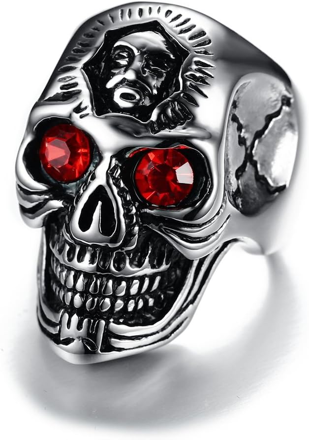 Joielavie Jewellery Ring Double Skull Skeleton Red Rhinestone Eyes Stainless Steel Punk Rock Biker Finger Ring Gift for Men