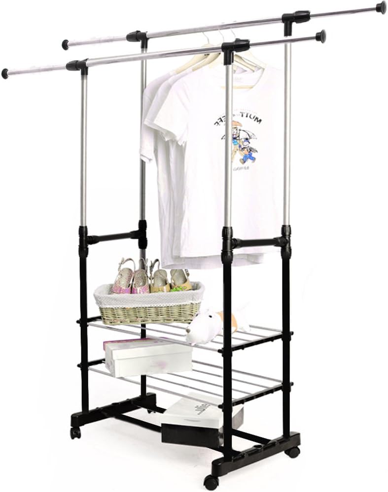 Quieting Clothes Rack Adjustable Garment Coat Rack with 2 Hanging Rails and 2 Storage Shelves Clothing Stand Tidy Rail for Home Office Indoor