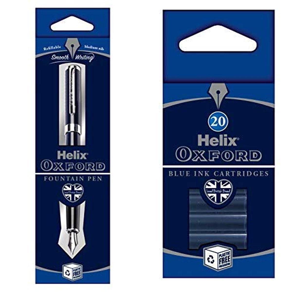 Helix Oxford Fountain Pen (Oxford Blue) with x20 pack of Blue Ink Cartridges