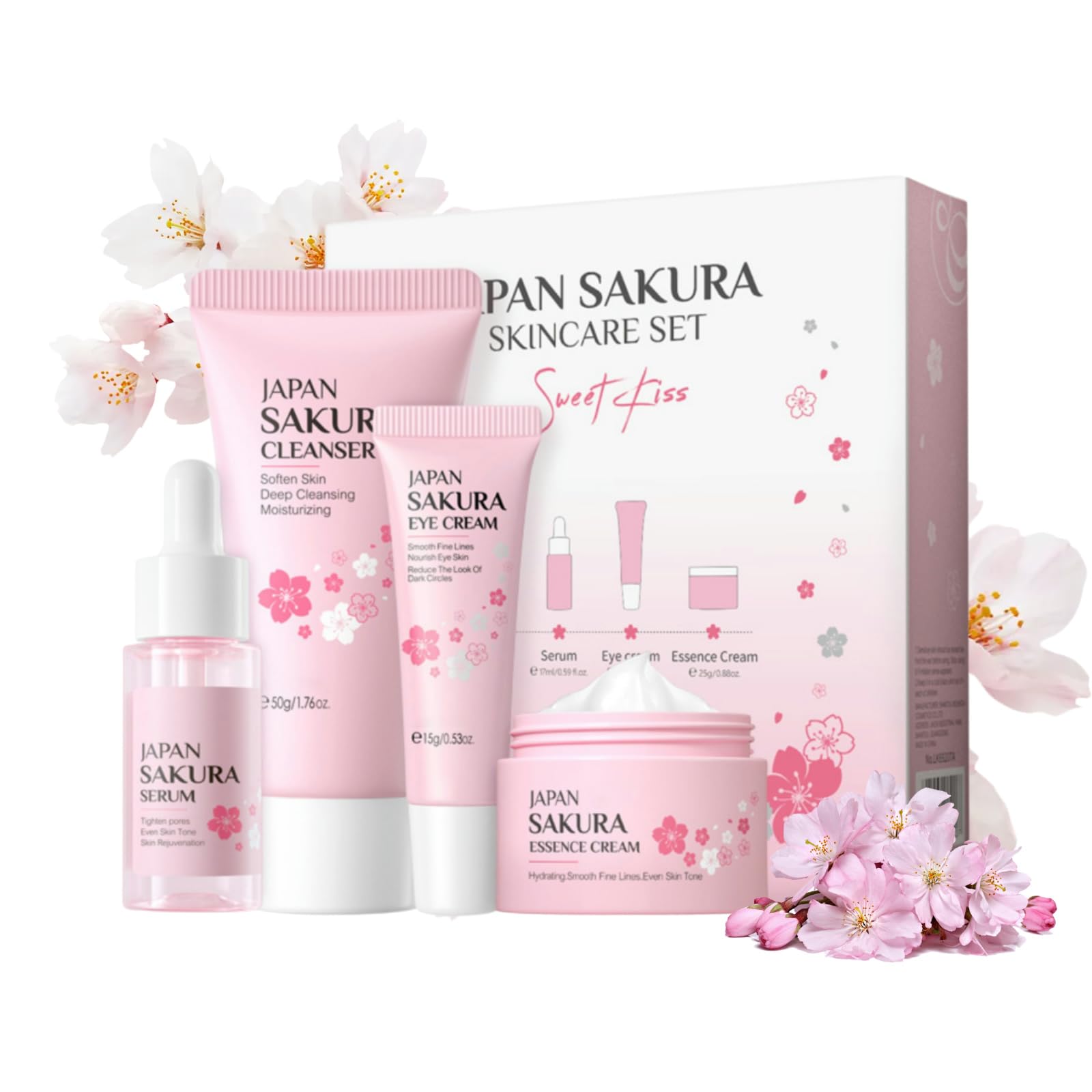 Sakura Skin Care Sets & Kits for Teenage Girls, 4 Piece Cherry Blossom Valentines Gifts Set, Skin Cleaning & Care Kit with Cleanser, Serum, Face Cream, Eye Cream