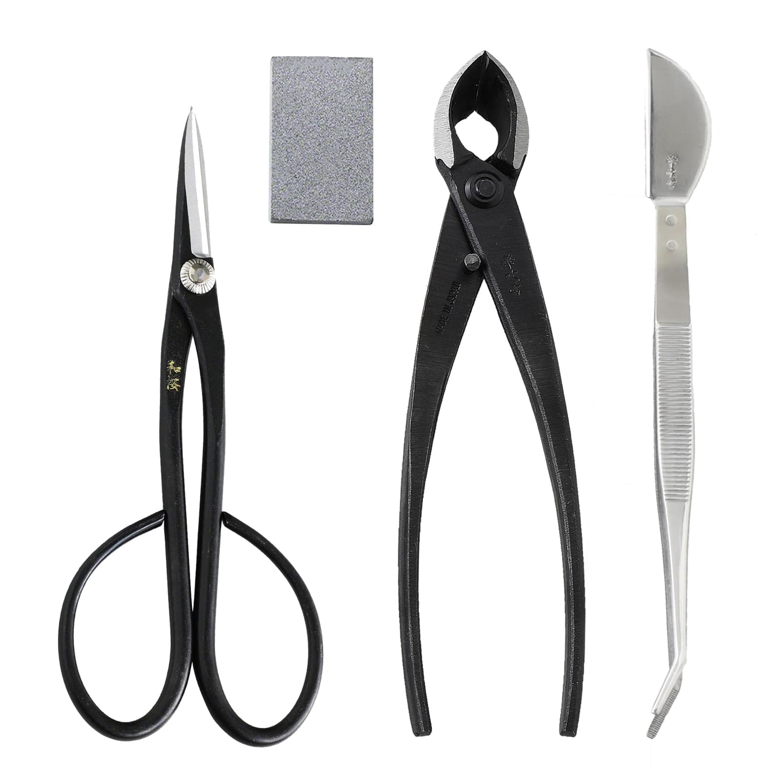 Wazakura 4PCS Bonsai Essential Tool Kit Made In Japan, Yasugi Japanese Steel Satsuki Bonsai Scissors 7" (180mm) + Concave Branch Cutter 8" (200mm) + Stainless Tweezers + Sap Eraser Gift Box Set