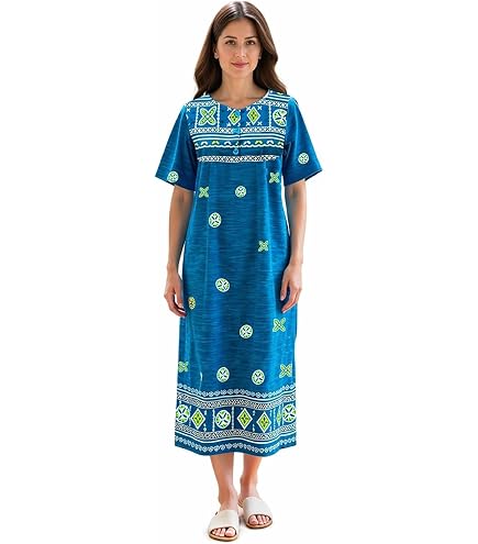 ladies patio dresses AmeriMark Women's Muumuu House Dress - Midnight - Medium Linen Summer 3/4 Sleeve gathered yoke F24 Carryover Size:140 / 10 years