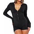 INFITTY Women Long Sleeve V Neck Rompers Ribbed Button Down Yoga Rompers Sexy Pajama Unitard Outfit