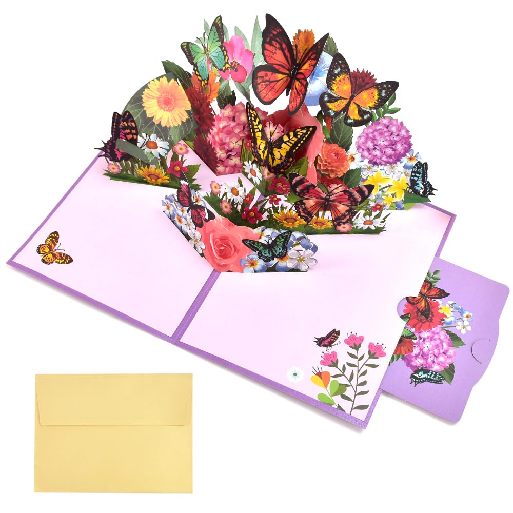 YAANBUNB Butterflies and Flowers Pop Up Card 3D Pop Up Greeting Card Handmade Flower Greeting Cards Thank You Card Gift Greeting Card with Note Card and Envelope for Women Sister Wife Grandma Teacher