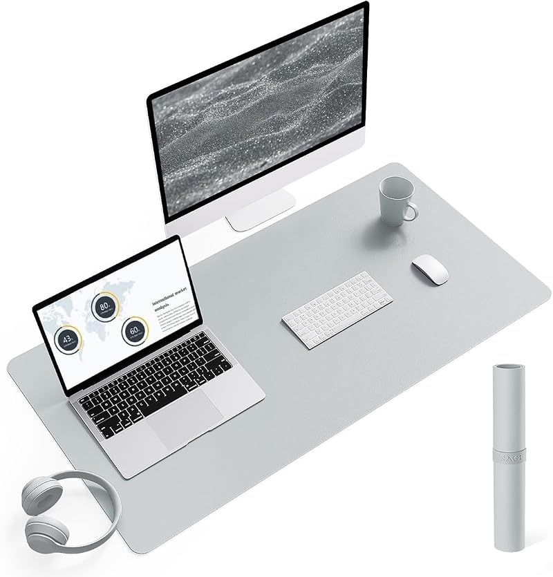 YSAGi Non-Slip Desk Pad 90x43 cm Waterproof PVC Leather Large Mouse Pad Silver