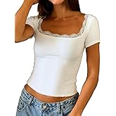 Women’s Y2K Lace Trim Square Neck Short Sleeve Crop Top Soft Viscose from Bamboo Summer Tee