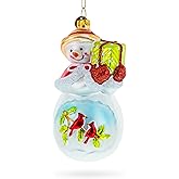 Snowman with Red Cardinals Holding a Gift Blown Glass Christmas Ornament