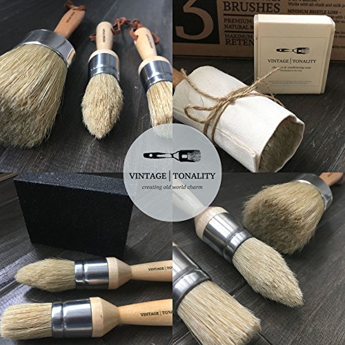 Pro Chalk Paint Brush Set Furniture Paint Brushes For Chalk Paint, Milk Paint, Clear Wax Art Home Decor Large and Small Natural Boar Hair Bristles Round, Oval and Flat Bristle Head by Vintage Tonality - Thumbnail 3