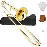 Ktaxon B Flat Tenor Trombone Brass Slide Bb, Golden | for Beginners, Includes Mouthpiece, Cleaning Cloth &amp; Gloves, Portable with Case