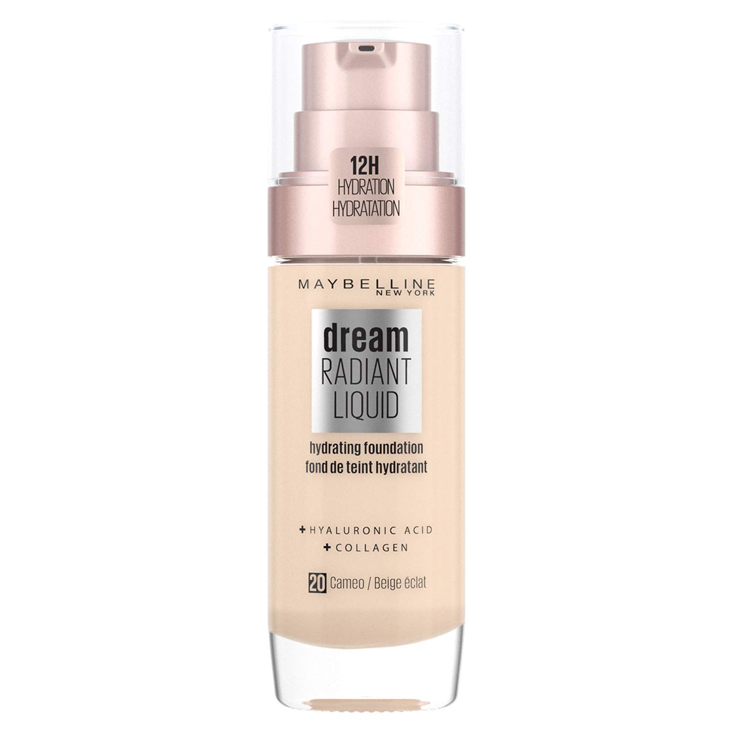 Maybelline Foundation, Dream Radiant Liquid Hydrating Foundation with Hyaluronic Acid and Collagen, Lightweight, Medium Coverage Up to 12 Hour Hydration, 20 Cameo, 30 ml (Pack of 1)