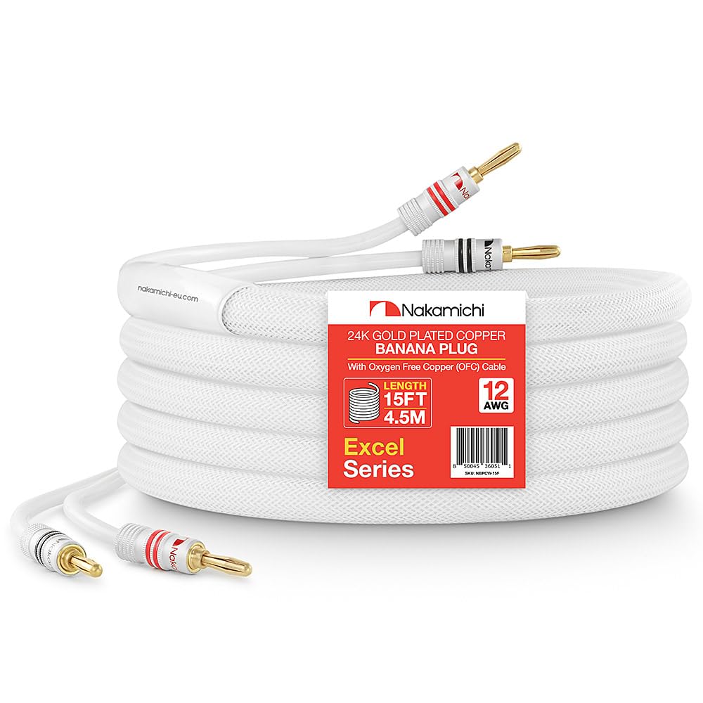 Photo 1 of Nakamichi Excel Series 24k Gold Plated Banana Plugs with Speaker Cable Wire 99.9% Oxygen-Free Copper (OFC) Heavy Duty Braided for Amplifier Hi-Fi Home Theatre - White (12 AWG / 15 feet / 4.5m)