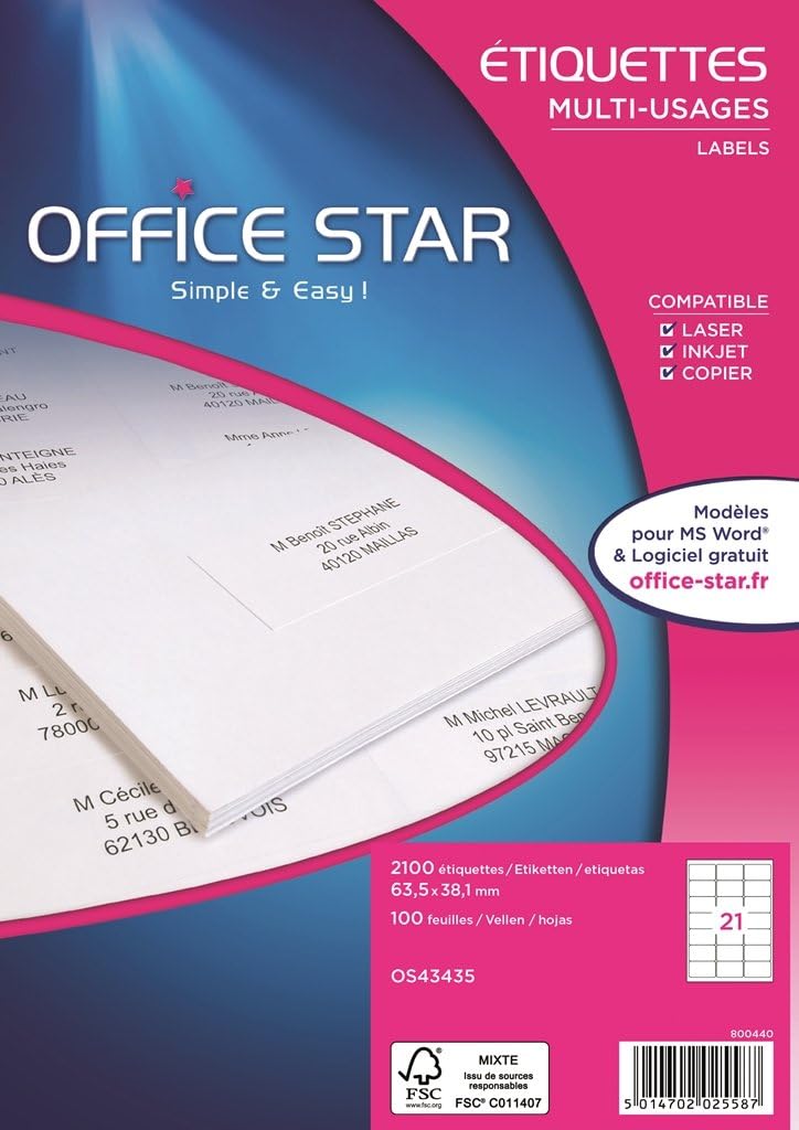 Office Star bôite 2100 Multi-Purpose Labels 63.5 x 38.1 MM White, 63,5 x 38,1 mm