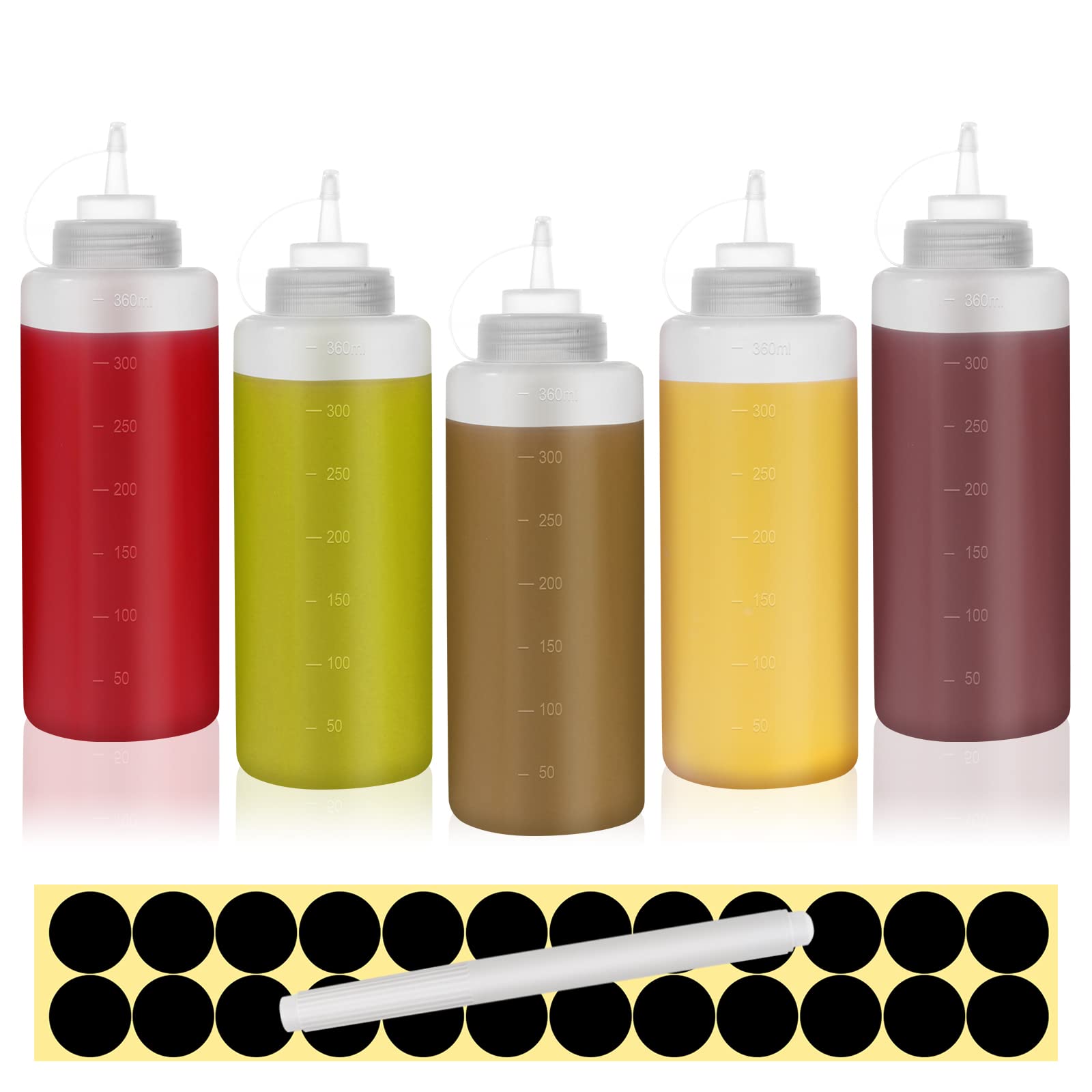 Happybase 12oz Squeeze Bottles with Caps, 5 Pack 360ml Squeezy Sauce Bottles, Plastic Squeeze Dispensers with Measurements for Ketchup, BBQ, Sauces, Syrup, Dressings