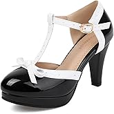 ForeMode Bow Mary Jane Shoes High Heels Closed Round Toe Pumps Leather Summer Sweet Shoe