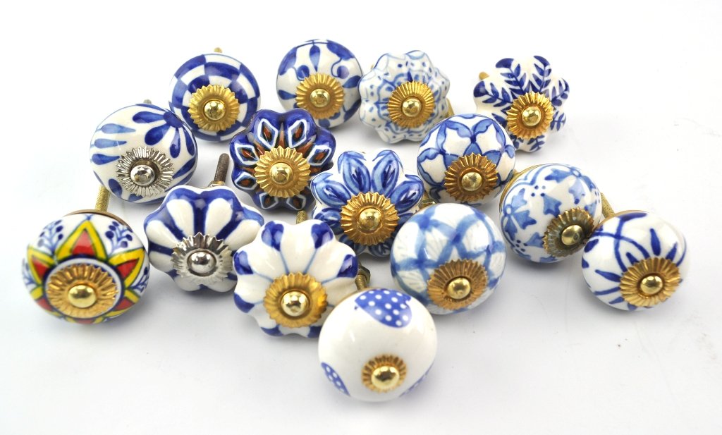 Set Of 15 Blue White Floral Ceramic Cupboard Cabinet Knobs