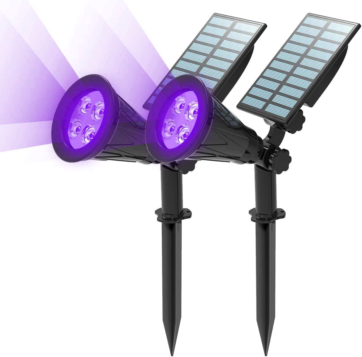 T-SUN 2 Pack LED Solar Spotlights, Super Bright 250LM Outdoor Security Garden Landscape Lamps, Violet, Auto-on at Night/Auto-Off by Day,180°Angle Adjustable for Patio,Tree,Deck,Wall, Pool Area — image 1