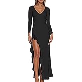 Mokoru Women Sexy V Neck Long Sleeve Mesh Bodycon Ruffle Hem Split Cocktail Party Maxi Dresses