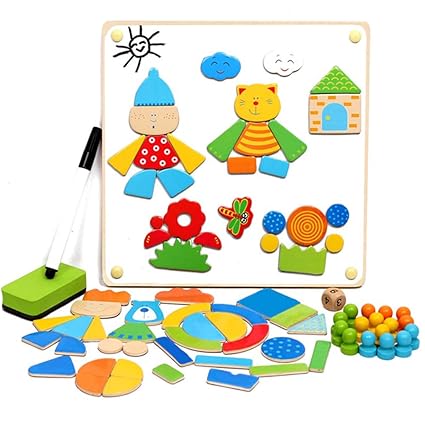 Great Toys Store Magnetic Pattern Blocks Wooden Puzzle Toys Double Sided Play with Flying Chess Magnetic Spelling Puzzle Board for Kids