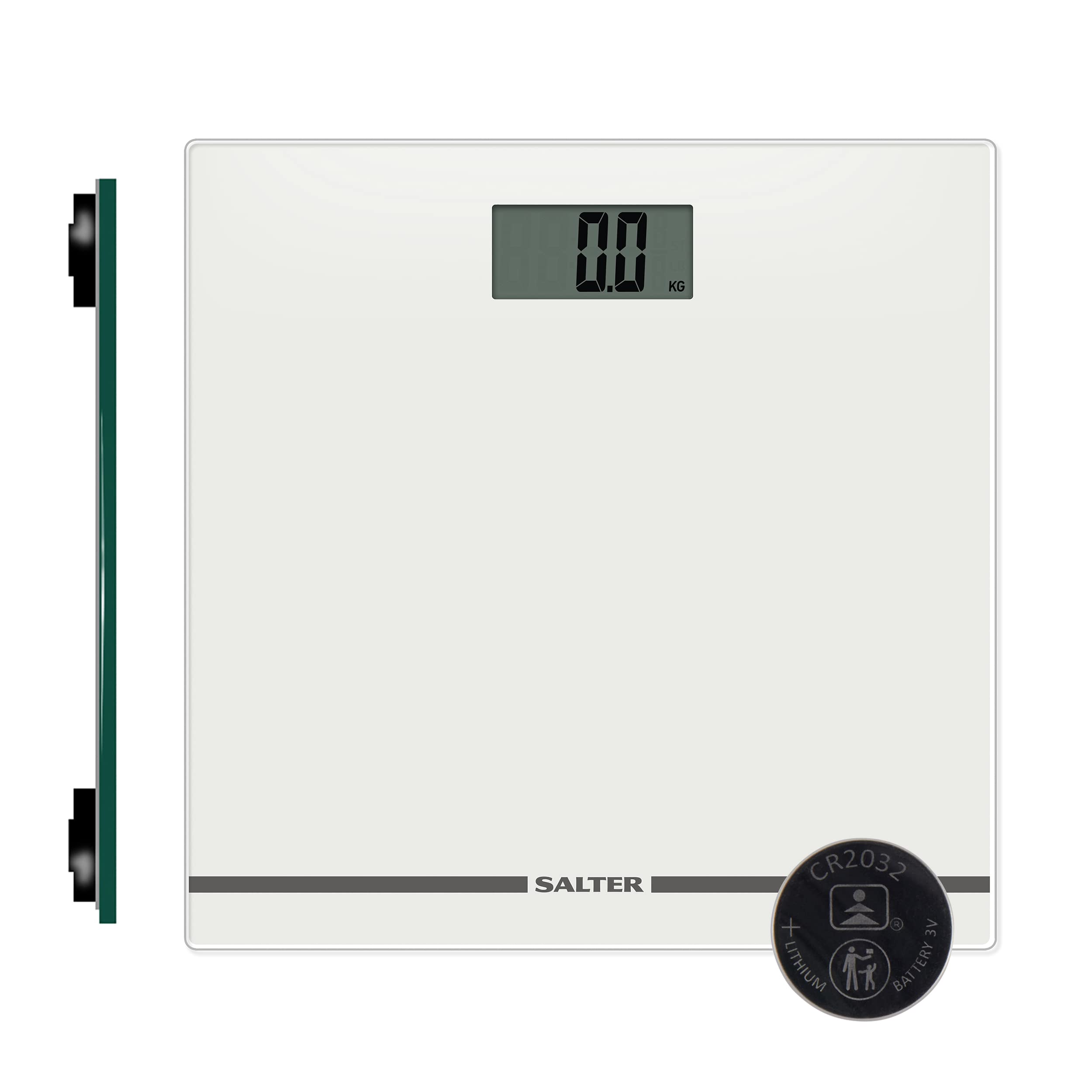 Salter 9205 WH3R Digital Bathroom Scale – Large Display Body Weighing Scales, Glass Platform, Easy Read, Instant Weight Reading, Carpet Feet For Accurate/Precise Measures, Slim, 180KG Capacity, White