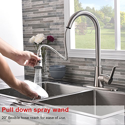 VALISY Lead-Free Commercial Stainless Steel High-Arch Brushed Nickel Single Handle Pull Down Sprayer Kitchen Sink Faucets, Kitchen Faucet with Deck Plate