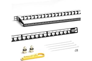 AMPCOM 24 Port Blank Keystone Patch Panel - Half U (0.5U) 19-inch Rackmount or wallmount Unloaded Modular Panel with Metal Rear Cable Management Bar for UTP/STP RJ45 Network, HDMI and USB