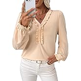 EVALESS Long Sleeve Shirts for Women Cute Ruffled V Neck Tops for Women 2025 Basic Blouses Fall Outfits Fashion Clothing