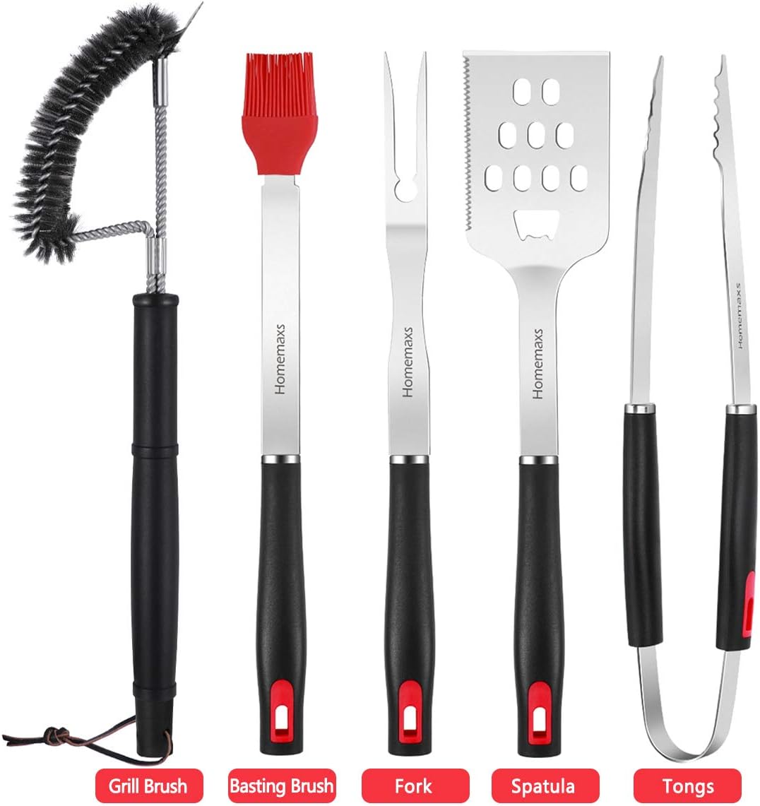 Homemaxs Grill Tools, BBQ Tools Set 5pcs with Case for Men, Stainless Steel Heavy Duty Barbecue Grilling Accessories Utensils Kit with Tong, Grill Cleaning Brush, Spatula, Fork, Basting Brush : Garden & Outdoor