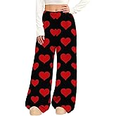 Women's Plush Valentine Pajama Pants Flannel Fuzzy Elastic Waist Wide Leg Pj Bottoms Love Heart Print Loungewear