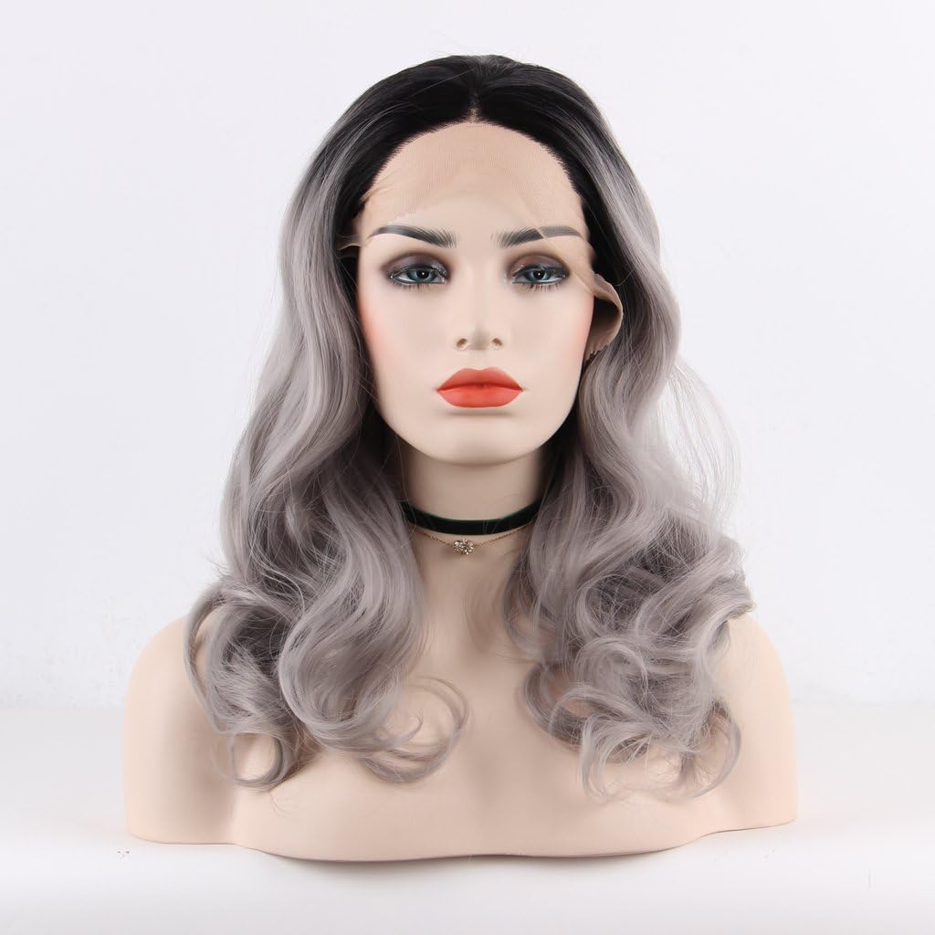 Arimika Ombre Silver Grey Bodywave Heat Safe Synthetic Lace Front Wig-Short 2-3inch Black Roots,Decent Large Parting Space, Light Brown Lace,Soft Bouncy Layered