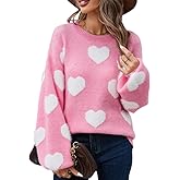 Cute Pink Heart Sweater for Women Knitted Love Sweaters Tops Holiday Outfits Crewneck Long Sleeve Pullover Shirts