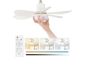 Airvention Ceiling Fan Light, Screw in Small Ceiling Fan with Remote, 3 Speed Dimmable LED, 3000-6500K, E26 Base, Timer, Socket Extender, 6 White Blades, 20.5 Inch
