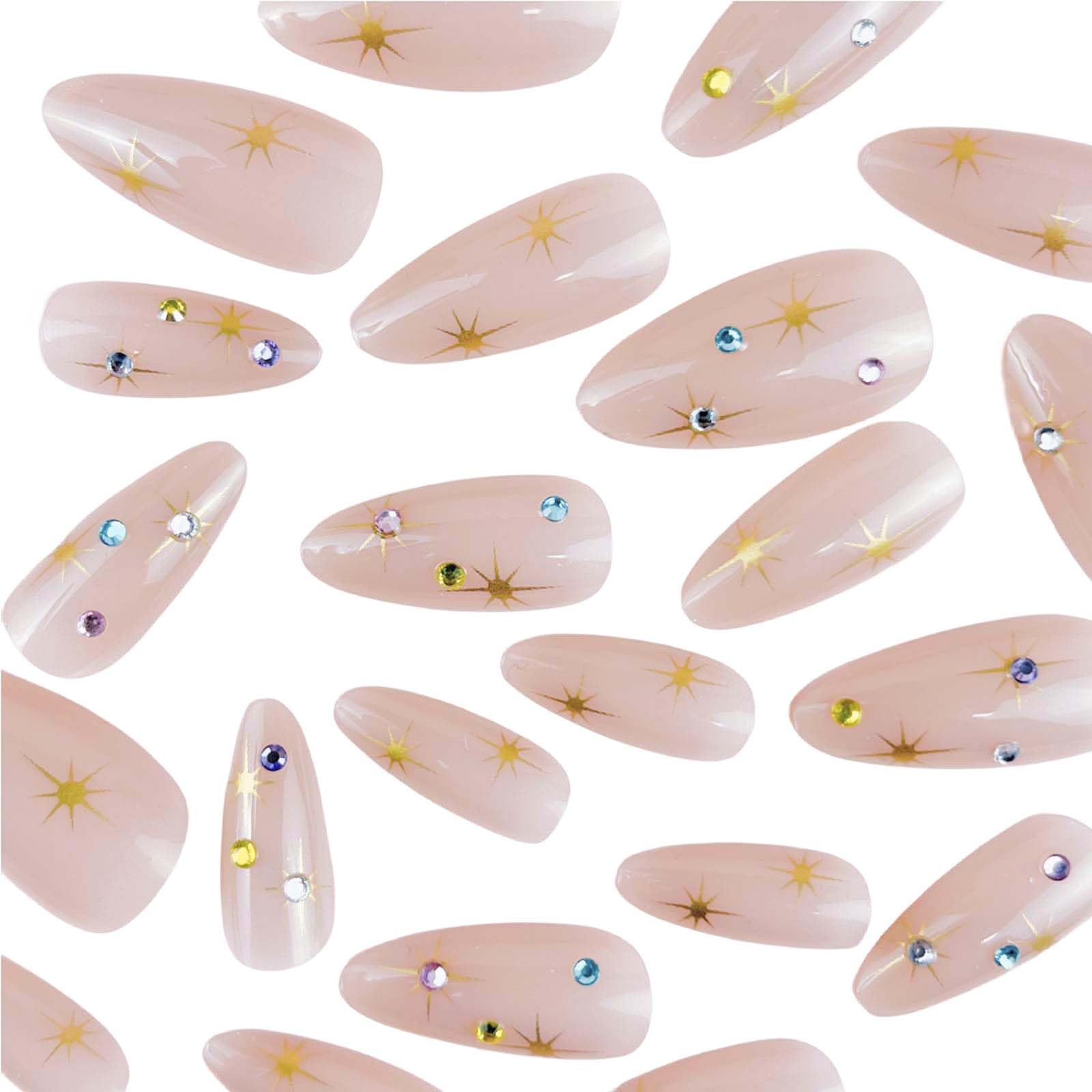 Almond Press on Nails Medium Fake Nails Star with Rhinestone Design Nude False Nails Artificial Full Cover Nails Glossy Acrylic Nails Glue on Nails for Women Manicure Decoration 24Pcs - Image 2