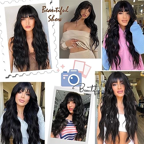 POPTAIYU Black Wigs with Bangs Long Wavy Wig for Women Curly Natural Black Wavy Hair Wigs Heat Resistant Synthetic Fiber Wigs for Daily Party Use 26 Inches (Black)