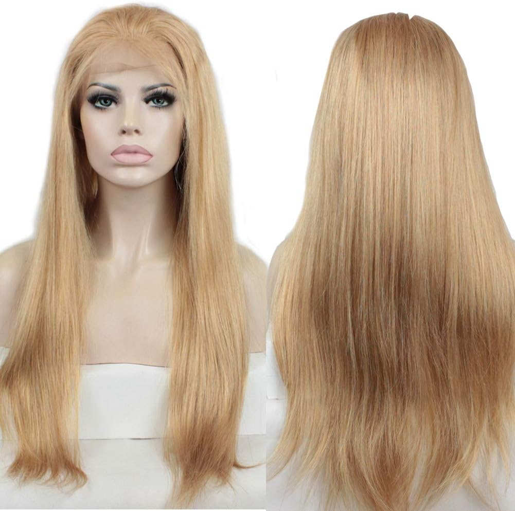 Soft Blonde Color Straight Peruvian Virgin Hair Material #27 Front Lace Human Hair Wigs For Black/White Women (22'' 130% Density)