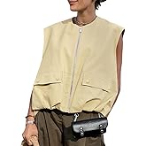 PAODIKUAI Women's Casual Zip Up Vest Cargo Ruched Hem Lightweight Sleeveless Blazer Oversized Jackets Top with Pockets
