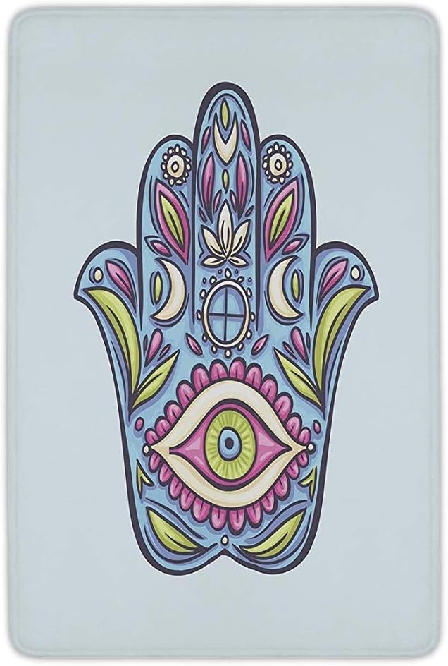 XIAOYI Bathroom Bath Rug Kitchen Floor Mat Carpet,Evil Eye,Doodle Hamsa Hand Symbol Traditional All Seeing Eye Positive Colorful,Light Blue Pink Green,Flannel Microfiber Non-slip Soft Absorbent