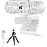 TOALLIN 2K Webcam with Tripod Stand, Built-in Microphone, White | 90&deg; Wide Angle, Privacy Cover, USB Computer Camera for PC Laptop, Live Streaming, Gaming, Meetings, Video Calls
