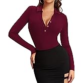 HERLOLLYCHIPS Womens Long Sleeve Collared Polo Tops V Neck Button Down Fitted Shirts