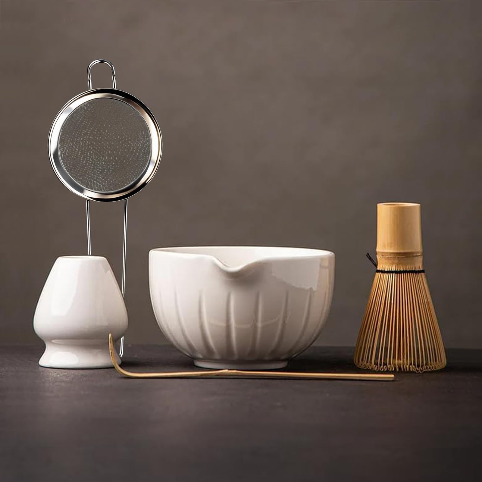 TANG PIN Matcha Set - Match Bowl and Whisk, 15 OZ, Matcha Scoop | Matcha Whisk Stand (Chasen Holder) - 5pc Perfect Matcha Kit for Matcha Tea Ceremony (White)