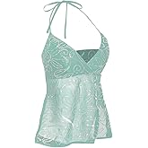 Verdusa Women's Rave Floral Sequin Tie Backless Halter Tops Sleeveless Mesh Going Out Top Concert Outfits