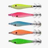 OriGlam 5pcs Luminous Squid Jigs Saltwater, Octopus Squid Jigs Night Fishing Lures
